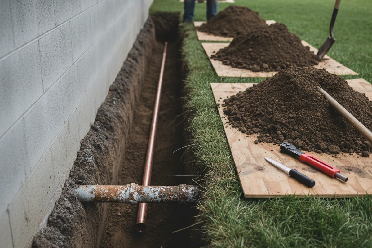 Excavated water line trench during Sewer Line Repair in Columbia City